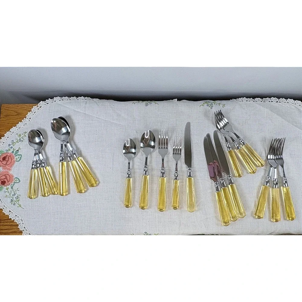 20pc Stainless Steel Flatware Set Clear Lucite/Acrylic Handles Service for 4